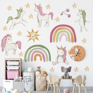 Watercolor Rainbow Unicorn Wall Stickers For Kids Room DIY Removable Star Sun Cherry Wall Decals For Nursery Classroom Decor