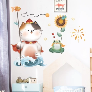 Japanese style Maneki Neko wall decal with lucky cat, frog and waves for room decoration