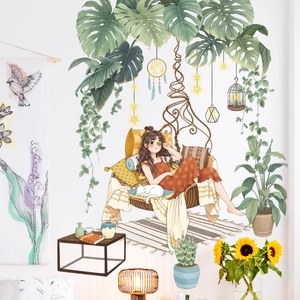 Fresh green plants and girl aesthetic wall stickers for bedroom cozy home decoration