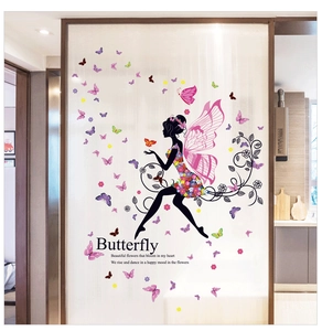 Detail of flower fairy silhouette wall sticker with colorful butterflies on glass