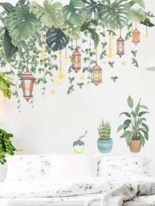 Ethnic style wall stickers with green palm leaves, retro lamps, and potted plants for bedroom