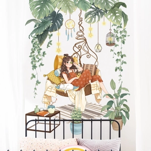 Waterproof green plant girl wall sticker for bedroom and living room wall decoration