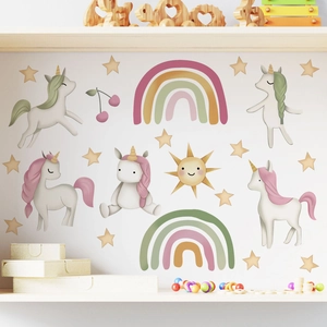 Rainbow unicorn wall stickers set with stars and sun for kids nursery room decor