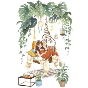 Artistic wall sticker featuring a girl on a swing with green plants and a white cat