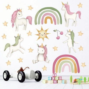 Rainbow unicorn wall decals with candy colored stars and sun for nursery decor