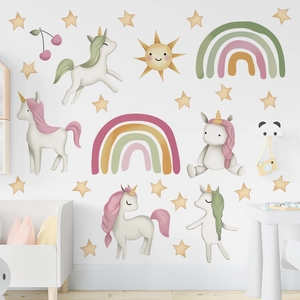 Rainbow unicorn wall stickers set with stars and sun for children room decor