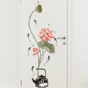 Lotus wall decal with teapot and koi fish design on white door for home decoration