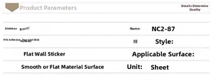 Detailed specifications table for PVC fairy wall sticker showing features and application
