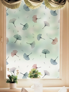 Frosted window film with blue and pink ginkgo leaves pattern for bathroom privacy
