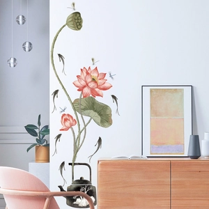 Chinese style lotus wall sticker with fish and teapot design for home decor