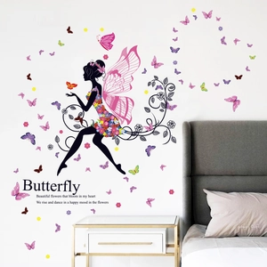 Flower Fairy Butterfly Wall Sticker Waterproof PVC Decal Floral Fairy Silhouette Butterfly Stickers For Bedroom Decor