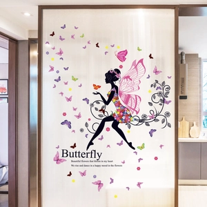 Floral fairy wall sticker with butterfly wings and colorful petals for bedroom decor
