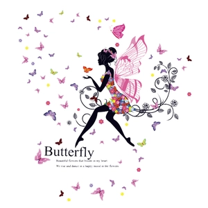 Floral fairy silhouette wall sticker with pink wings and colorful butterflies for bedroom decor