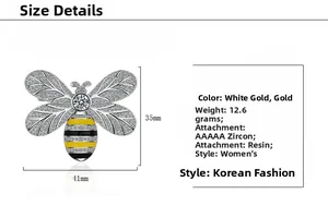 Detailed size specifications for bee brooch with 41mm width and cubic zirconia inlay