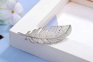 Detailed view of silver feather brooch with shimmering zircons on white frame edge