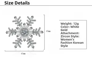 Spécifications de taille détaillées pour une broche flocon luxe sertie de oxydes de zirconium