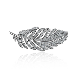 Elegant silver feather brooch with sparkling cubic zirconia for women suits and coats
