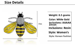 Detailed view of rhinestone bee brooch showing dimensions 40mm x 30mm and enamel wings