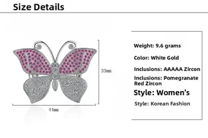 Detailed size specifications of butterfly brooch with pink and white cubic zirconia