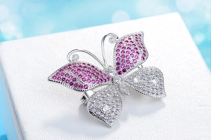Macro shot of double-color zircon butterfly brooch with premium pave setting on white box