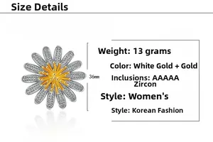 Detailansicht der 36mm Gänseblümchen-Brosche mit AAAAA Zirkonia und Bicolor-Finish