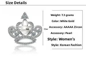 Detail showing high-quality zircon crown brooch with a 32mm height and 8mm pearl