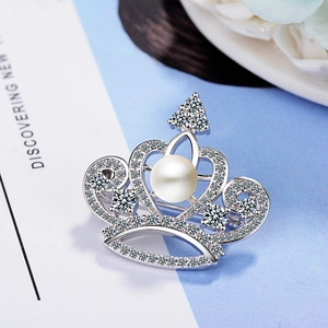 Elegant Crown Brooch With Large ABS Artificial Pearl And AAAAA Zirconia Sparkly Rhinestone Luxurious Breastpin For Women Suit Jewelry Gift