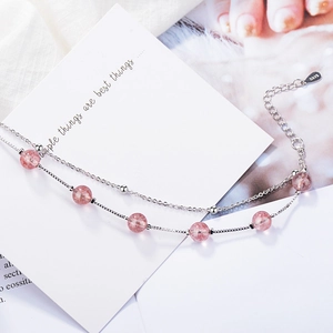 S925 sterling silver double-layer bracelet featuring pink strawberry quartz round beads