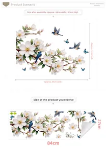 Detail view of magnolia wall stickers showing layout sizes and floral bird patterns