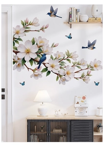Detailed wall sticker featuring white magnolia flowers and blue birds in Chinese art style
