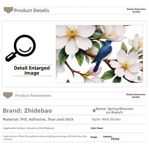 Detailed view of PVC wall sticker showing Magnolia flowers and blue bird patterns