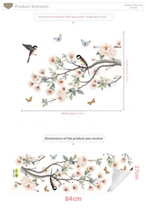Detailansicht von Wandaufklebern mit Aquarellblumen, Vögeln und Größenlayout für Wände
