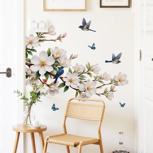 Magnolia Flower Bird Butterfly Wall Sticker PVC Waterproof Art Decal For Living Room Bedroom TV Background Home Decor