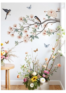 Detailansicht der Wandtattoo-Blüten mit rosa Blumen und Vögeln auf einer weißen Wand