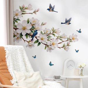 Floral wall sticker with white magnolia flowers and blue birds for living room decor