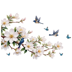 Elegant magnolia flower wall decal with blue birds and butterflies for home decor