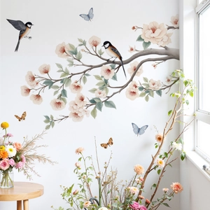 Blumen-Wandtattoo mit Zweigen, Vögeln und Schmetterlingen für die Schlafzimmerdekoration