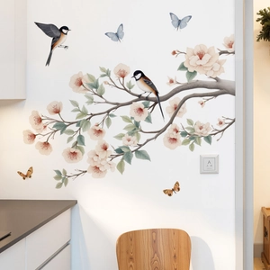 Chinesischer Wandsticker Kirschblüten mit Vögeln und Schmetterlingen für Schlafzimmerdeko
