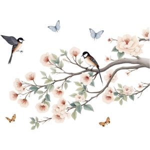 Wandsticker mit Kirschblüten und Vögeln im chinesischen Tuschemalerei-Stil für Wände