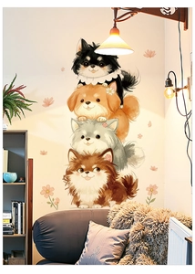 Detail of stacked cartoon Pomeranian dog wall stickers with floral and butterfly accents