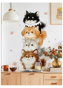 Detail of cute stackable cartoon dogs wall sticker on white wall with home decor setup