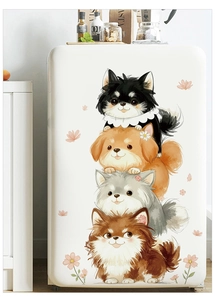 Close-up of cute cartoon dog stack stickers applied on a white kitchen refrigerator