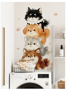 Detail of cute stackable cartoon dogs wall sticker in a bright home laundry room setting