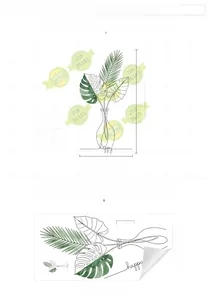 Detail of tropical monstera leaf wall decal with happy text and product layout dimensions