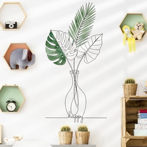 Minimalist Line Art Vase Monstera Palm Leaf Wall Sticker Happy Text Waterproof PVC Decorative Decal For Living Room Bedroom