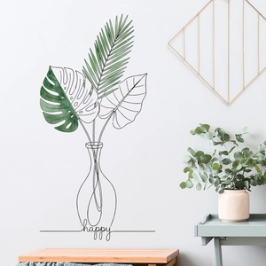 Minimalist geometric monstera leaf wall decal with black line art vase and happy text