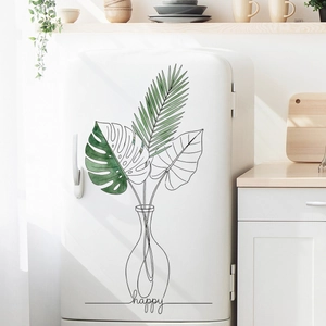 Minimalist Monstera leaf wall stickers with happy text for modern kitchen decor
