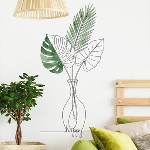 Minimalist geometric monstera leaf wall decal with watercolor glass vase and happy text
