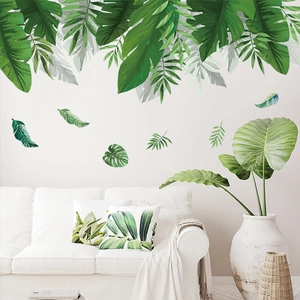 Nordic tropical green leaves wall sticker with monstera and palm patterns for living room