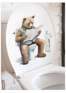 Detail of cute brown bear reading newspaper waterproof wall sticker on white toilet lid